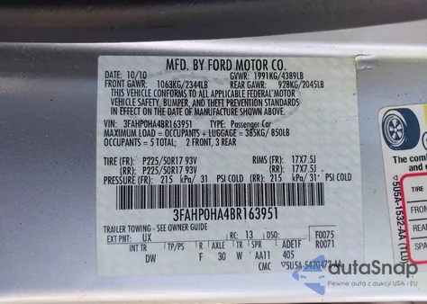 2011 Ford Fusion Se z USA, uszkodzony, nr VIN 3FAHP0HA4BR163951